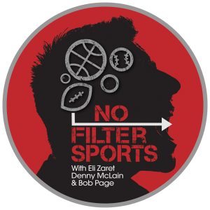 Silhouette of a person's head with a brain filled with various sports filter icons, red background, bold text "NO FILTER SPORTS", promoting sports discussions without filters, featuring Eli Zaret, Denny McLain, and Bob Page.